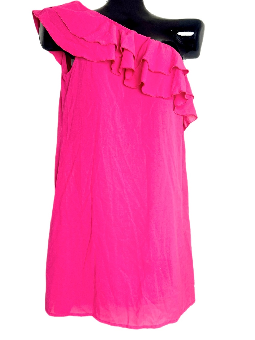 One-Shoulder Ruffle Shift Dress in Hot Pink